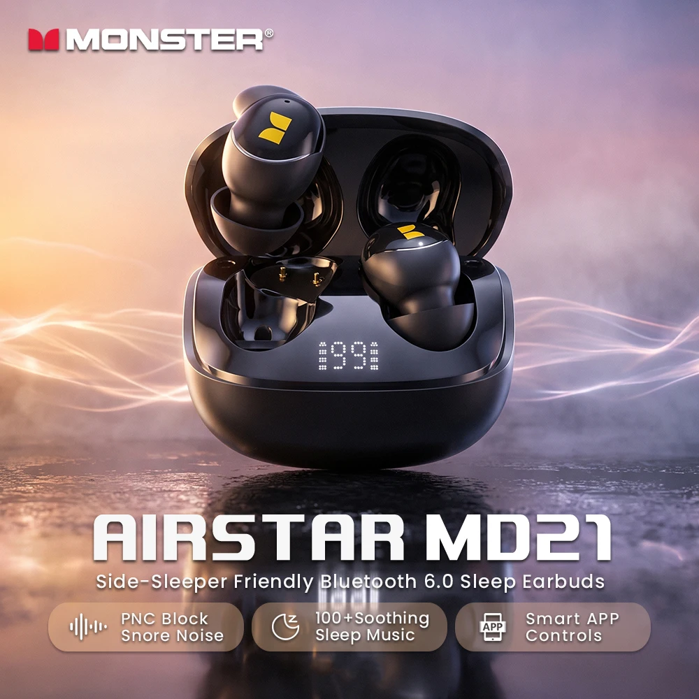 Monster MD21 Bluetooth 6.0 Sleepbuds Ai Translator Sleep Earbuds PNC Noise Reduction TWS Wireless Sleep Earphones with APP