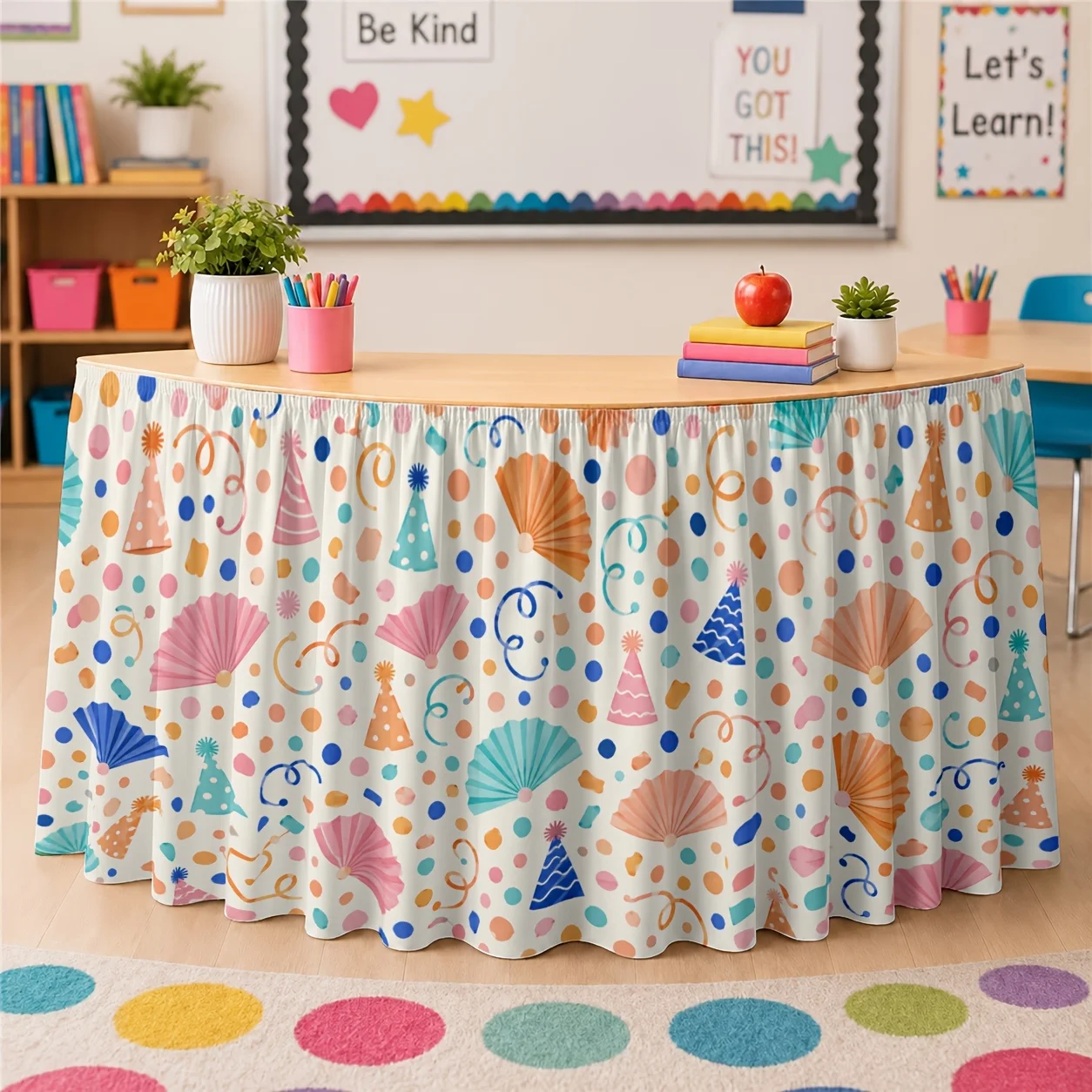 2D flat banner with colorful ribbon and party hat pattern, table skirt, suitable for holiday celebrations, birthday parties