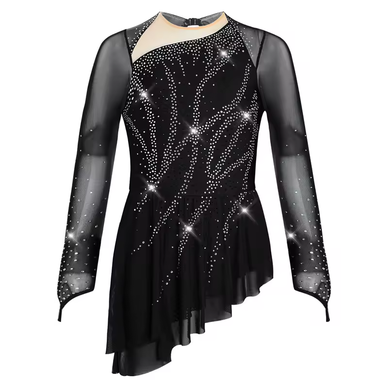 Kids Girls Figure Skating Rhythmic Gymnastics Leotard Dress Asymmetrical Split Shiny Rhinestones Contrast Color Dress Ballerina - Image 18