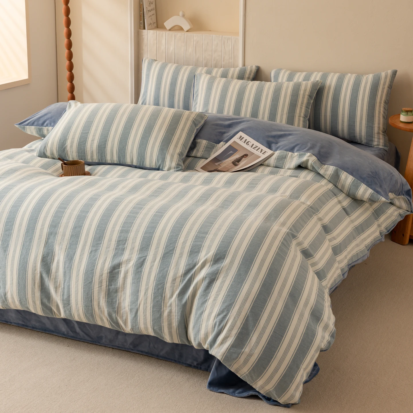 Striped 100% Cotton Duvet Cover Queen Skin Friendly Soft Plush Comforter Cover Double Sided Use Autumn Winter Quilt Cover Set