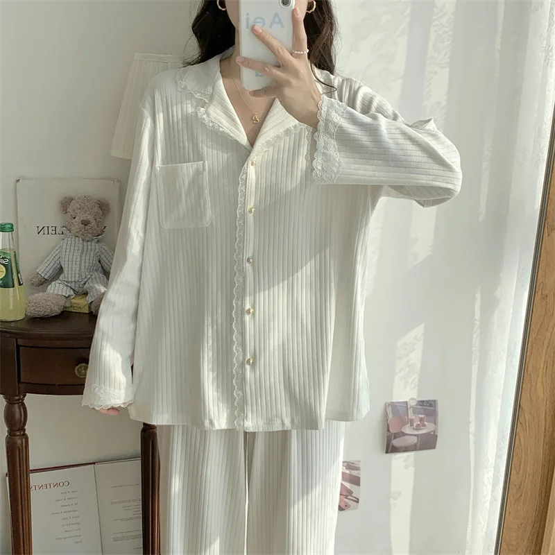 High Quality Korean White Pajamas For Women Sweet Lace Cotton Sleepwear Set Long Sleeve Autumn Winter Home Wear Pijamas Suit