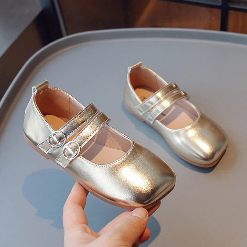 Princess Girls Shoes Kids Stylish Square Toe 2024 Kids Shoes Girl\'s Mary Janes Narrow Band Gold Sliver Light Children Flat Shoes