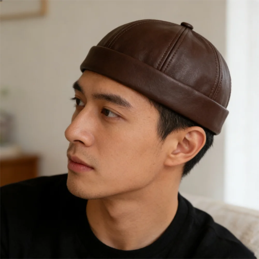 Fashion Leather Brimless Round Landlord Hat Adjustable Solid Color Melon Skin Hat Simplicity Retro Trendy Cap Streetwear