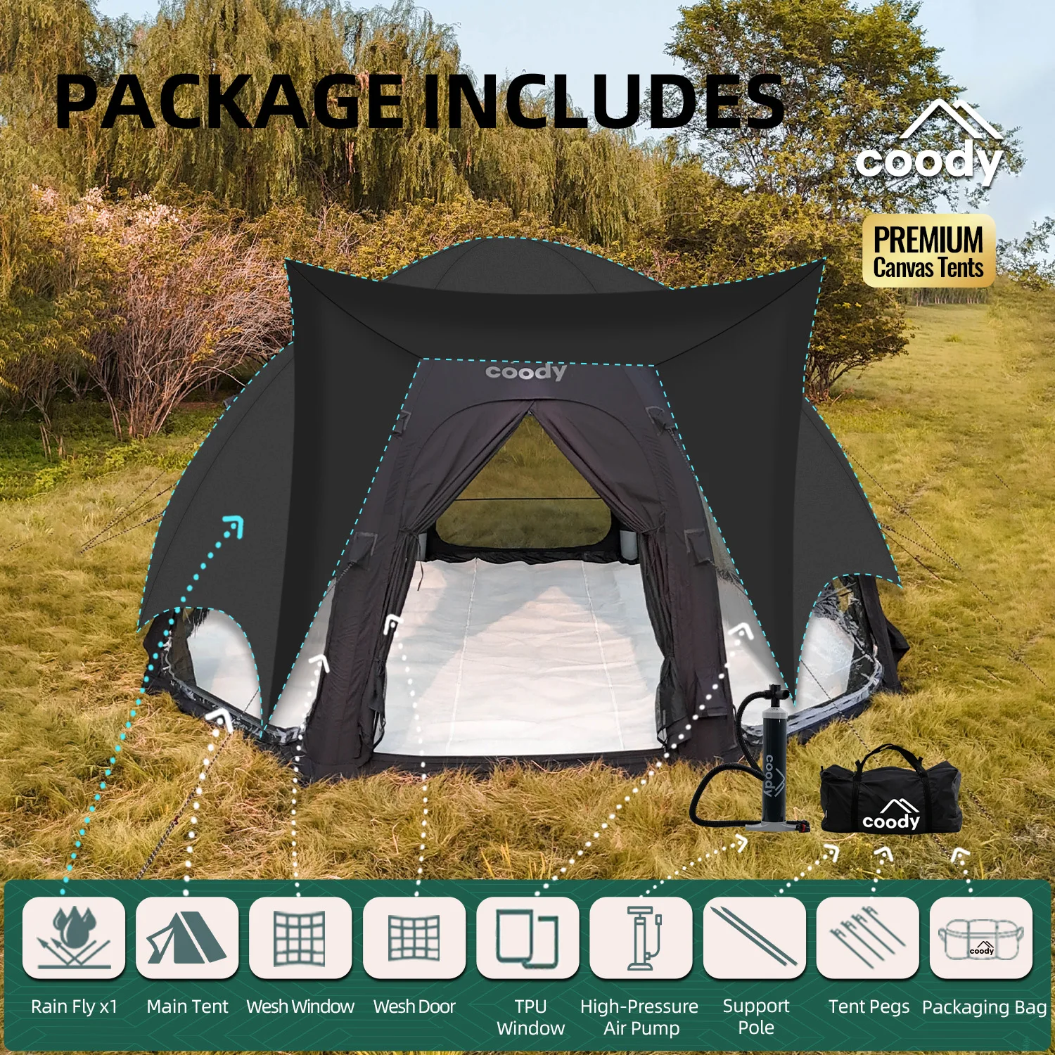 Dome Air Tent-Black Glamping Geodesic Camping Canopy Tent Classic Family Outdoor Dome House Inflatable Tent