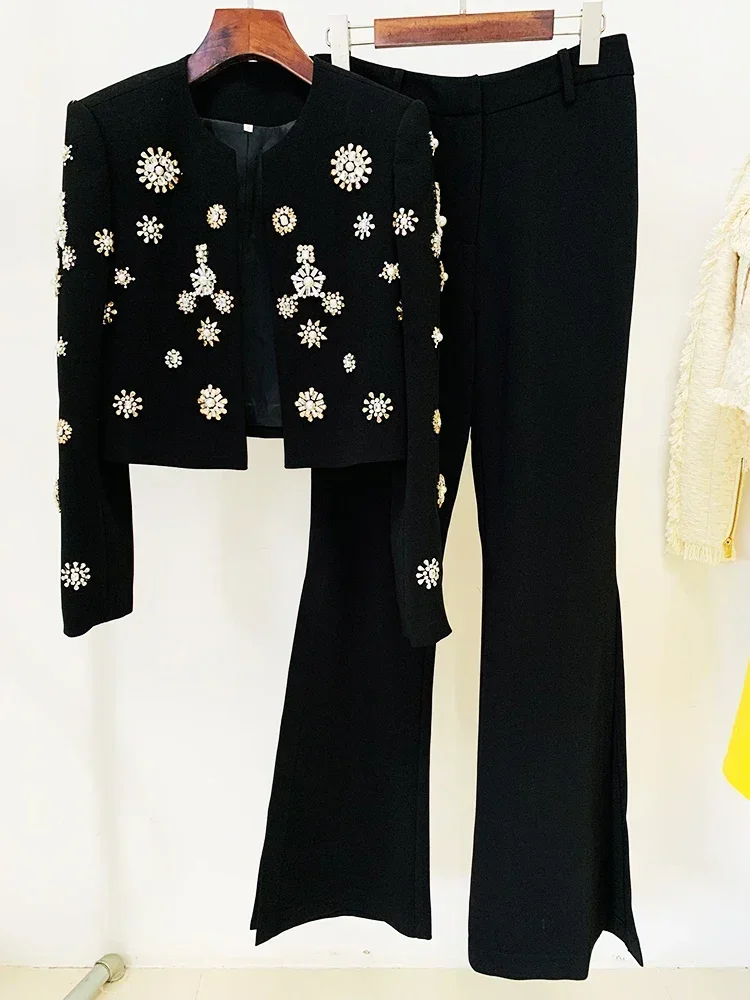 HIGH STREET Newest 2023 Designer Runway Suit Set Women Stunning Diamonds Stone Beaded Blazer Jacket Slit Flare Pants Set 2PCS