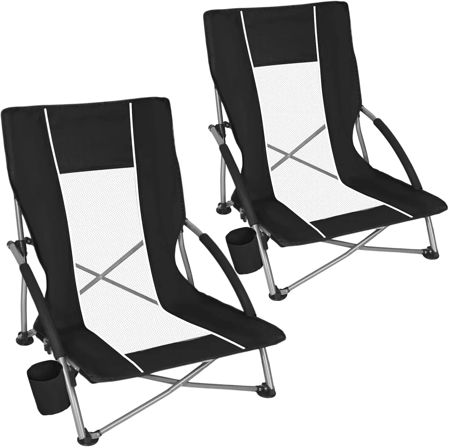 Low Beach Chairs for Adults 2 Pack, Lightweight Folding Sand Chairs with Breathable Mesh Back & Cup Holder, Portable Compact Camping Chairs, 300lbs Capacity,Black