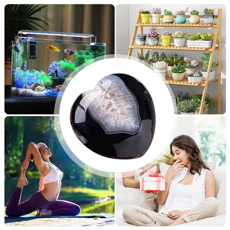 Black Agate Decor Natural Crystal Heart Decoration Elegant Desk Decor For Meditation Portable Home Ornament For Relaxation