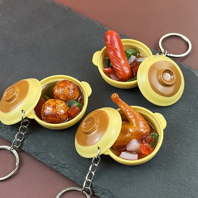 Creative Simulation Key Chain Casserole Food Food Toy Model Keyring Car Phone Bag Pendant Ornament Gift Trinket Jewelry Llaveros