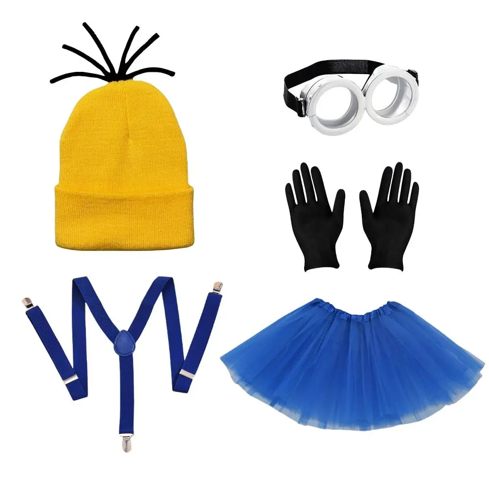 3pcs/5pcs Halloween Costume Accessories Minions Cosplay Party Set Yellow Beanie Hats Blue Dress Women Men Black Gloves for Adult