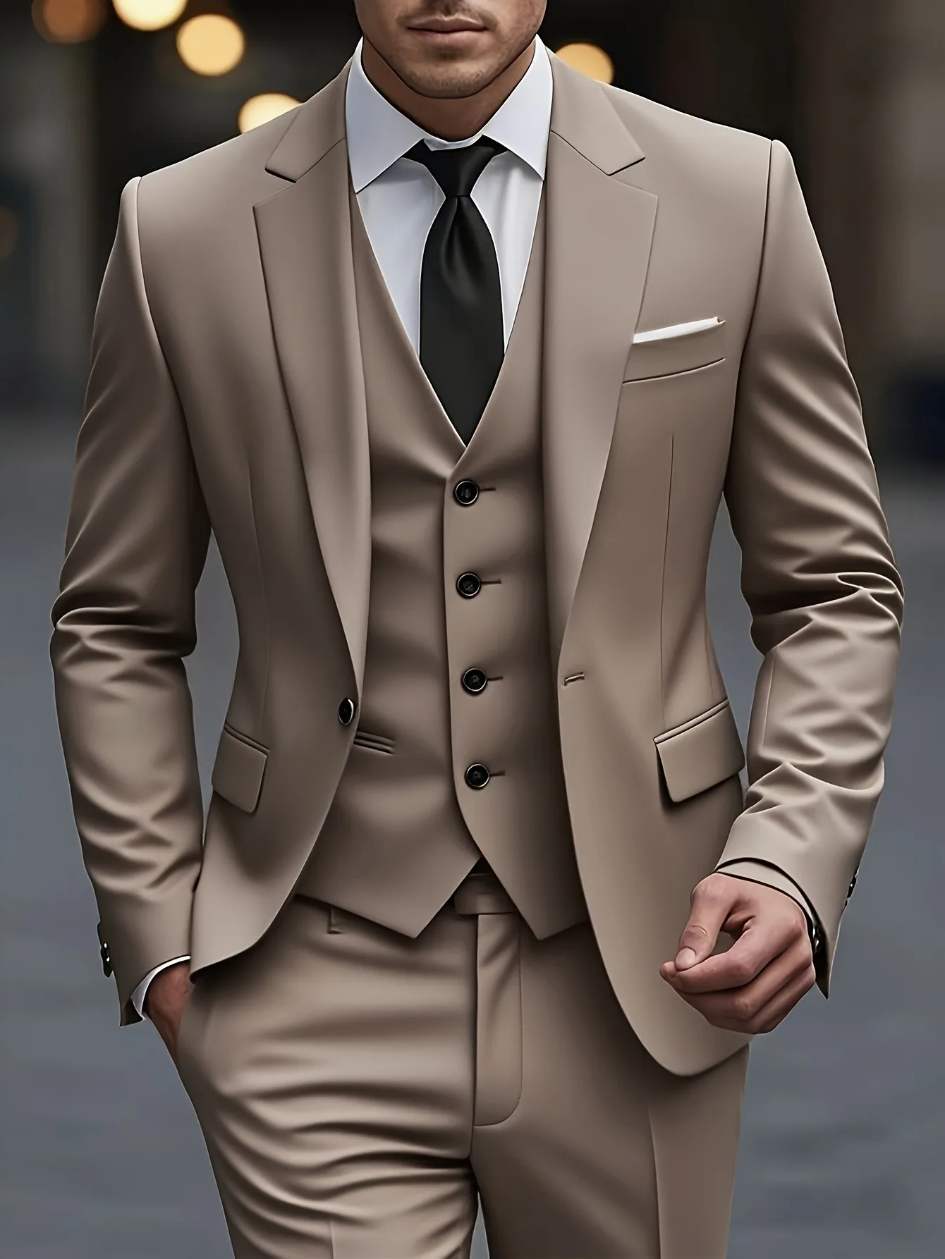 

【Men's Suit】3pcs Light Beige Men's Suit Set - Durable All-Season Tailored Attire for Office Parties Special Occasions