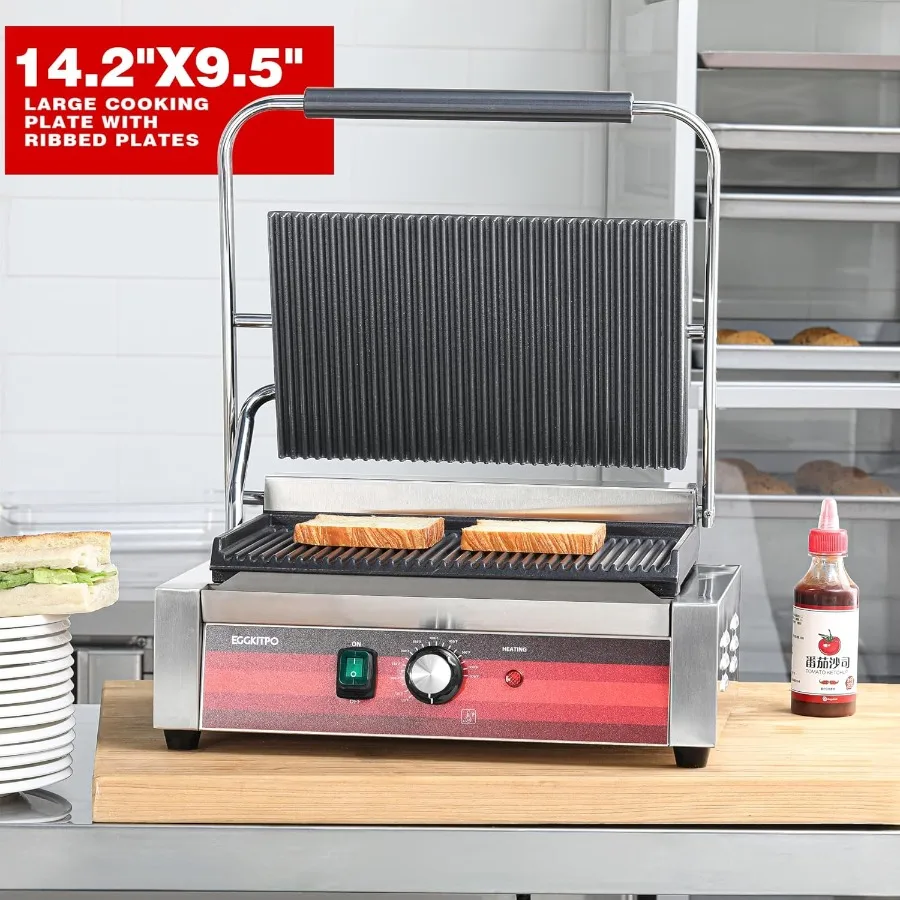 業務用電気パニーニプレスグリル、溝付きエナメルプレート付き、家庭用キッチンに最適、朝食サンドイッチの作りに最適