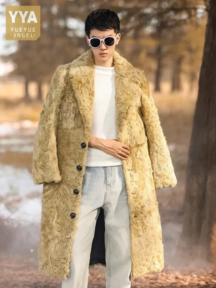 Luxury Mens Real Fur Sheep Wool Overcoat Single Breasted Slim Fit Business Casual Solid Color High Quality Lambswool Long Jacket