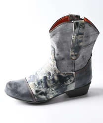 Women's Mature Style Black Print Pattern Leather Panels Easy To Wear Boots