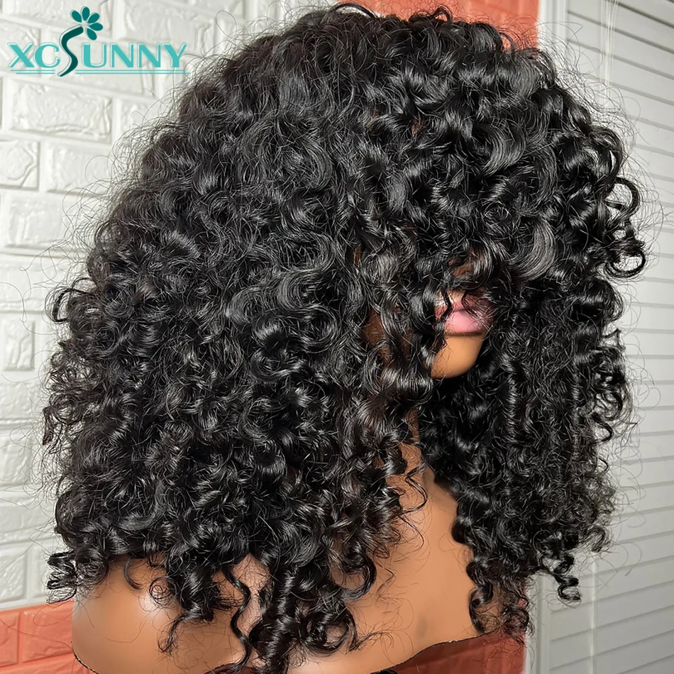 Curly Wig Bangs Human Hair Loose Curly Wig With Bangs Scalp Top Wig Machine Made Brazilian Curly Human Wig Xcsunny