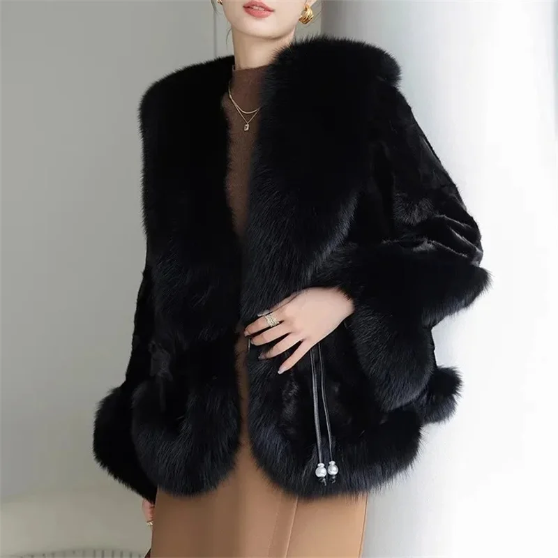 Women Faux Fur Coat Mink Fur Short Jacket Streetwear Fox Fur Collar Black Fur Outerwear Female Fashion Fur Jackets Autumn Winter