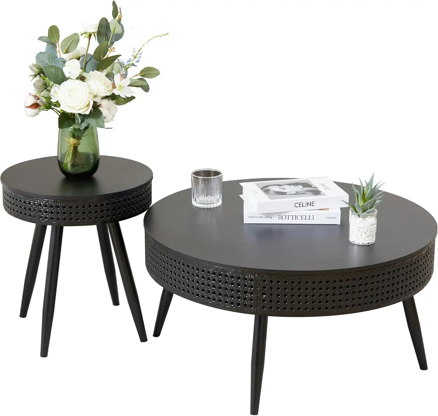 Modern Farmhouse Round End Table Set of 2,Iron Rattan Coffee Table with Hidden Storage Basket,29.1” Nesting Side Table