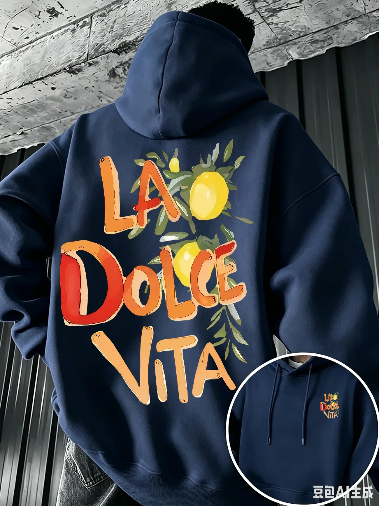 Men's hooded sweatshirt with watercolor lemon leaf pattern design, suitable for casual wear in autumn and winter.