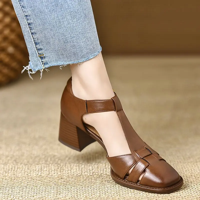 

Square toe high heels 2026 new summer spring thick heel hollow buckle pig cage toe cap sandals for women summer