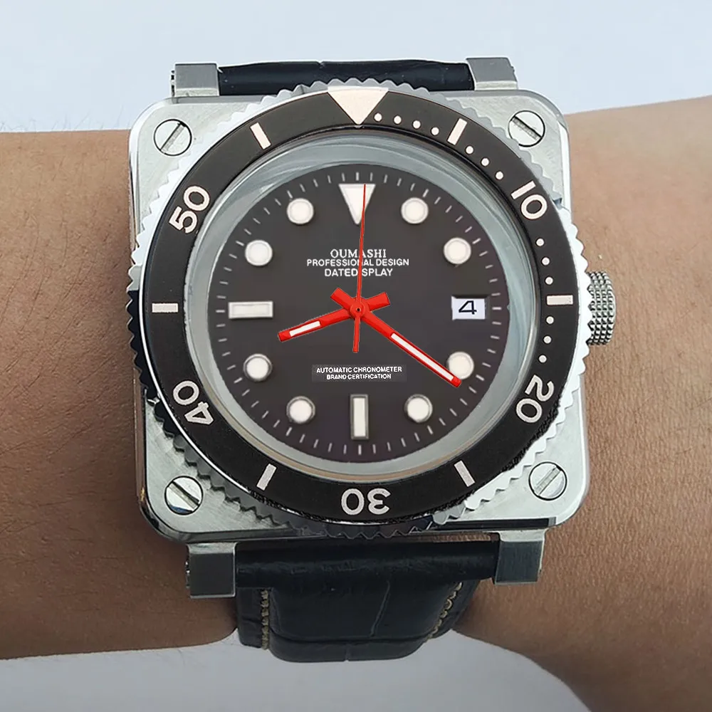 Relógio masculino quadrado elegante nh35 luxo esportes movimento automático vidro de safira resistente à água 10atm pulseira de couro relógios