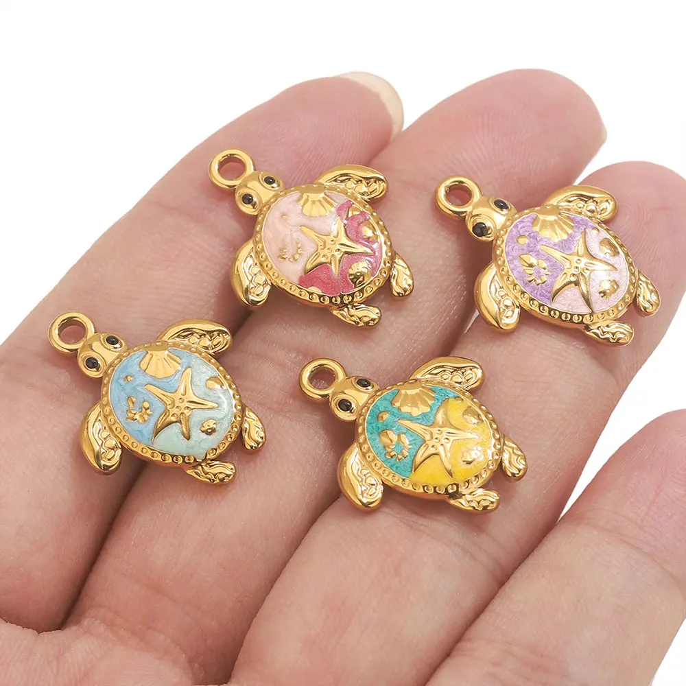 5 uds. De dijes de tortuga esmaltados en relieve de acero inoxidable, accesorios para hacer joyas, pulsera, collar, pendientes, llavero, Material