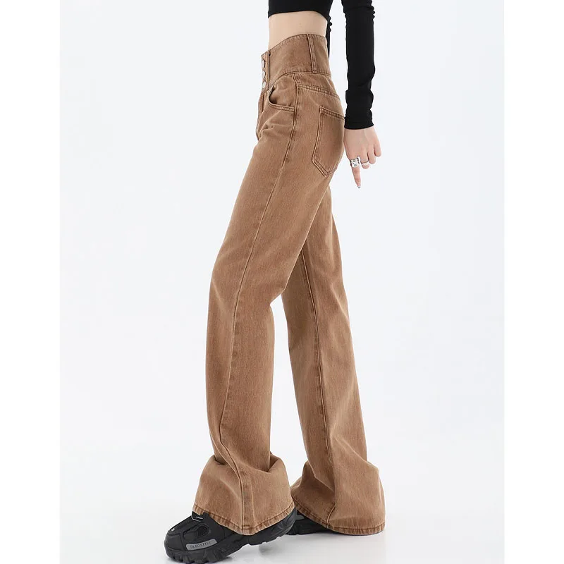 Streetwear Vintage Button High Waist Denim Trousers for Female Summer Casual Solid Slim Flare Pants Fashion Women's Clothing