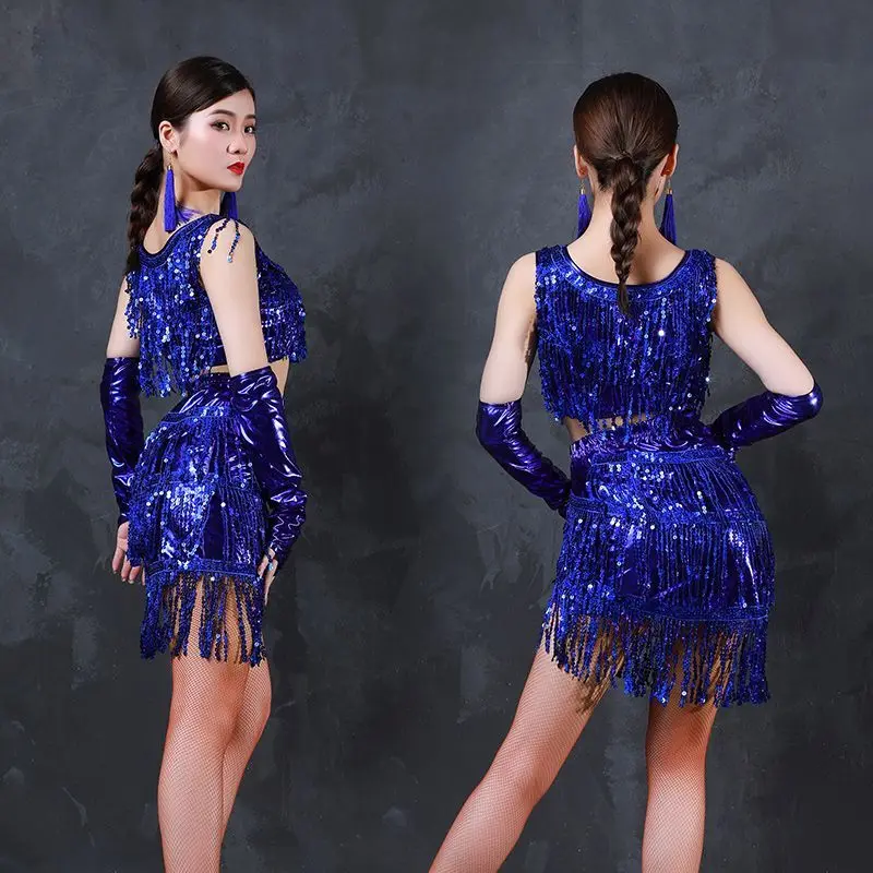 

Palace Latin Belly Dance Dress Latina Sequin Tassel Skirt Shirt Set Performance Outwear Adult Girl Costume Rumba Cheerleading