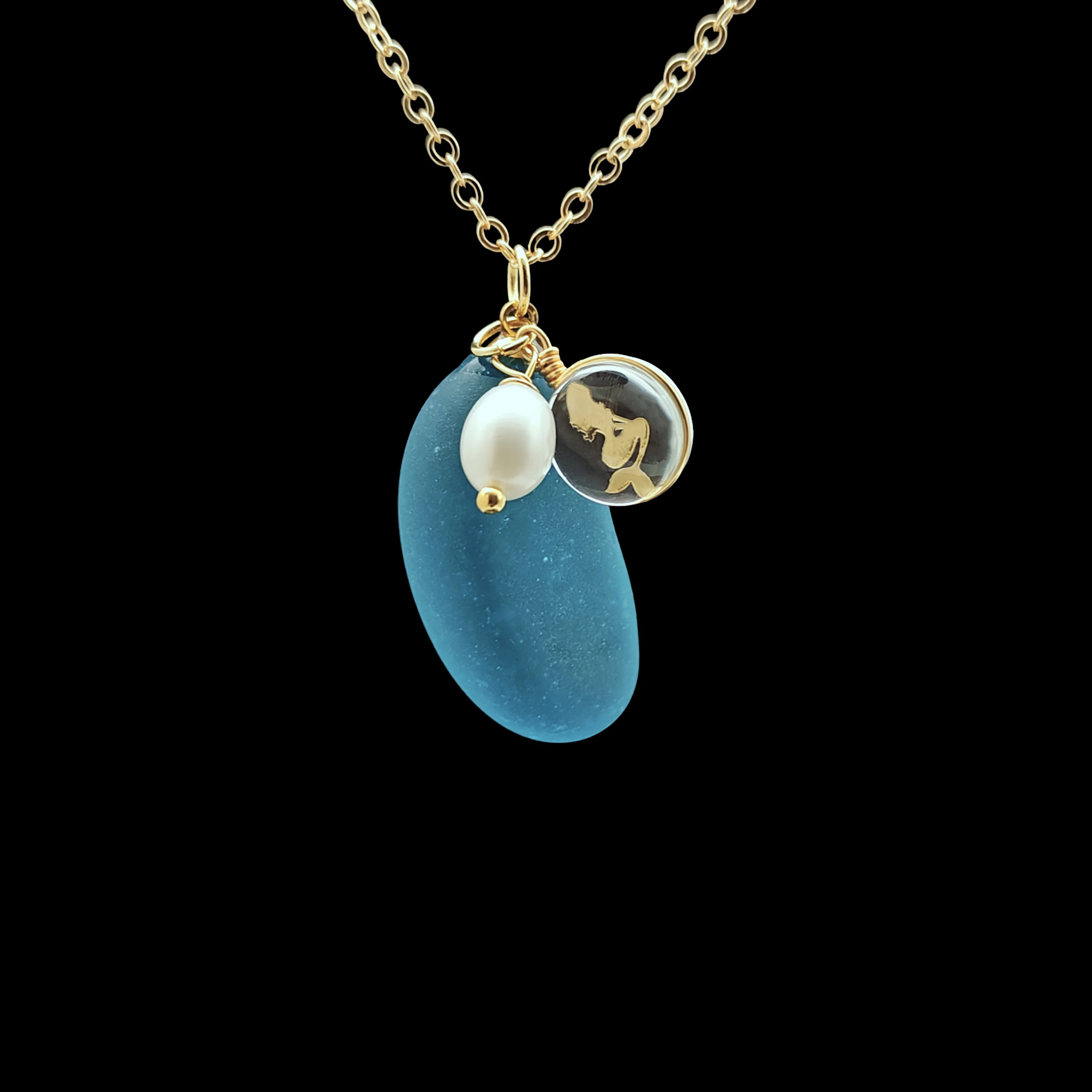 Blue Sea Glass Mermaid Freshwater Pearl December Birthstone Pendant Gold Color Chain Long Necklace Women Boho Jewelry Handmade