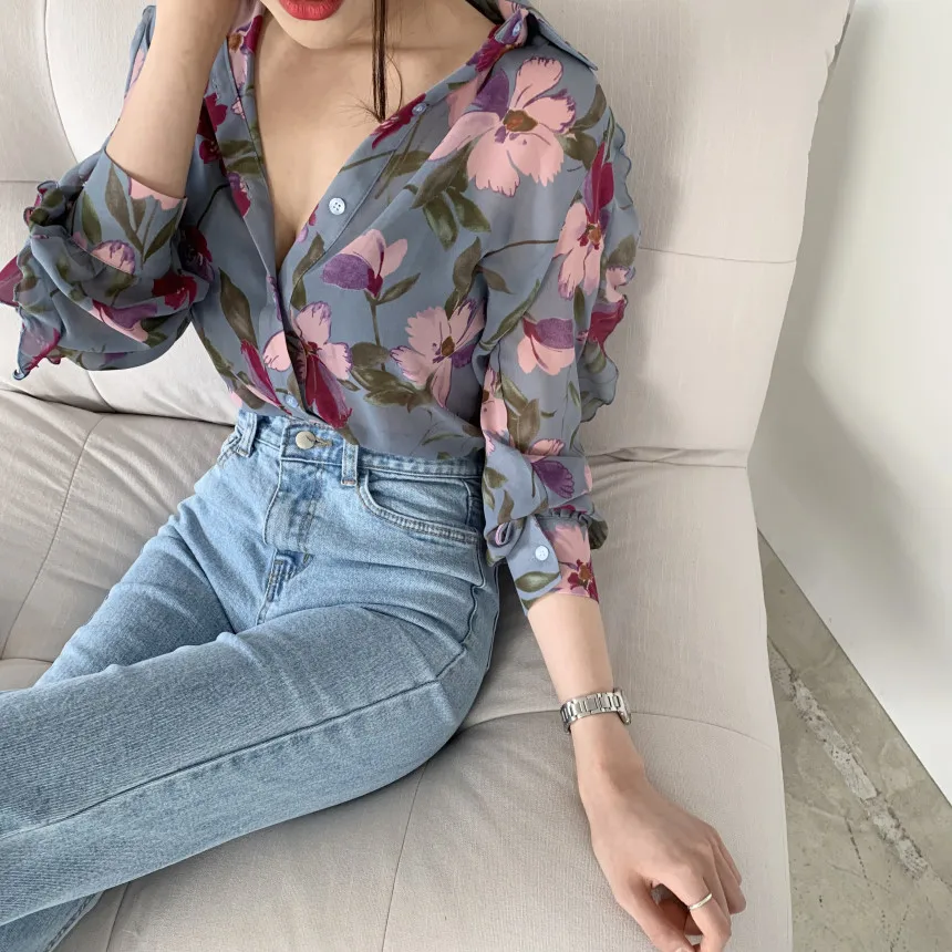 2024 Women\'s Fashion Floral Print V-Neck Long Sleeve Chiffon Shirt Blouse Office Button Luxury Shirt Vintage Tops Tunics S-2XL