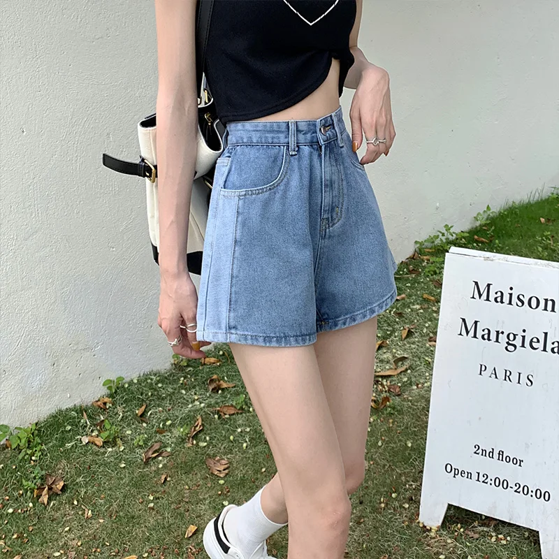 

High Waist Loose Fit Color Blo Denim orts Women's Summer 2024 New Sle A-Line plus Size Wide Leg Hot Pants