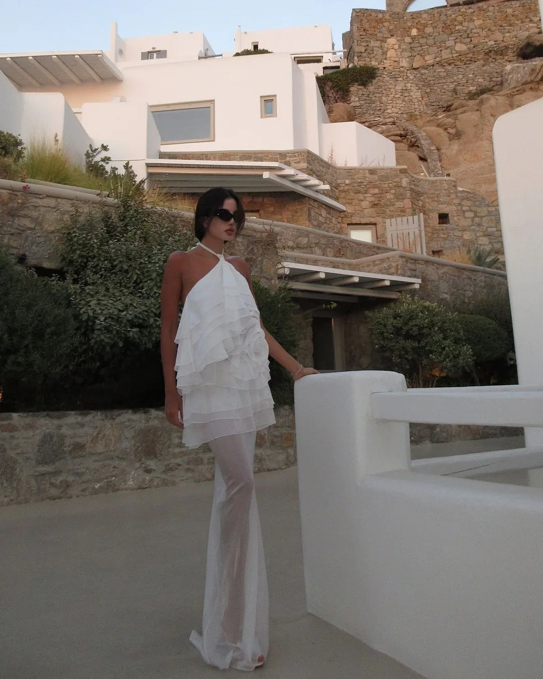 Bonito marfim seda chiffon noite maxi vestido halter em camadas flor feminino vestidos de festa de férias vestido de convidado de casamento vestidos formais