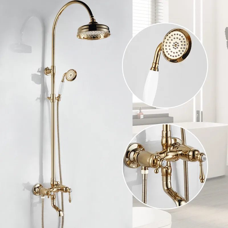 

Gold Bathroom Shower Faucet Set Chrome Bathroom Rainfall Shower Mixer Tap Polished Gold Brass Bath and Shower Faucet Set