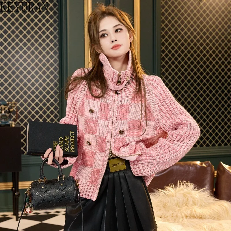

Розовый клетчатый вязаный кардиган, свитер на молнии, женский свитер 2025 года, новый элегантный модный трикотаж с длинными рукавами, топы, куртки, пальто, женские джемперы