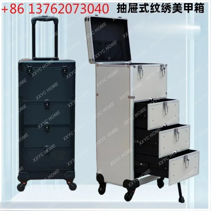 AABeauty Makeup Artist Carrying Drawer Trolley Case Nail Art Pattern Embroidery Case Hair And Makeup Artist Storage Case