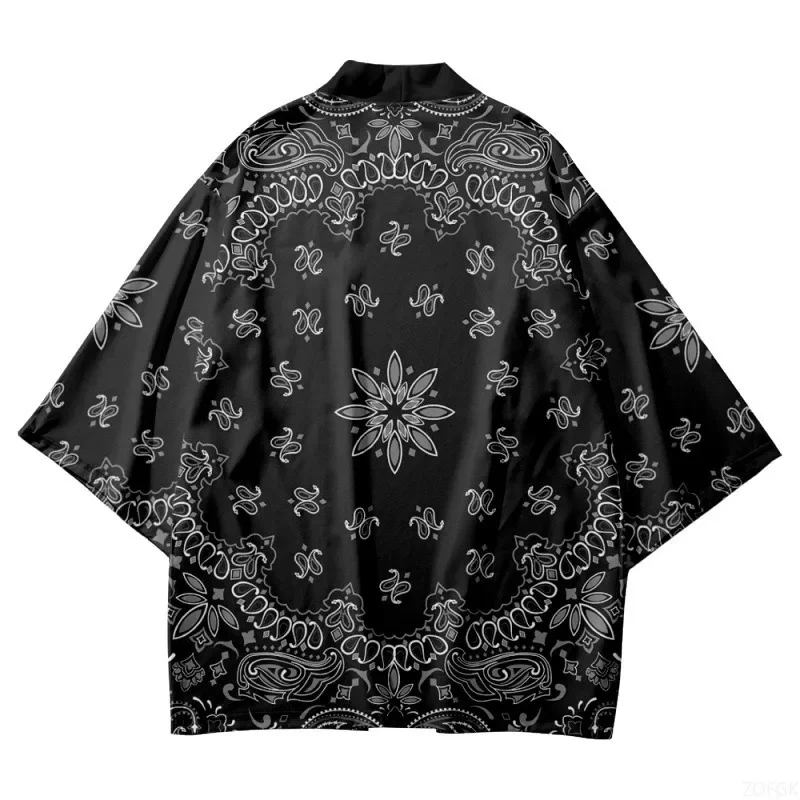Japanese Clothing Men Harajuku Black Printed Kimono and Pants Set Women Cardigan Jacket