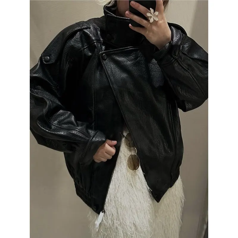 HELLOMARCEL EU US Size Luxury Women Faux Leather Jacket Street Wear Retro Casual Long-Sleeve Stand-Collar Leather Jacket Coat