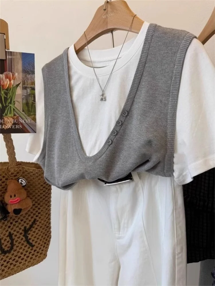 Koreanische Sle V-Ne ort Sve Gestrickte Top Lose Fit Sommer Abnehmen T-shirt frauen Faion Casual Grundlegende Farbe