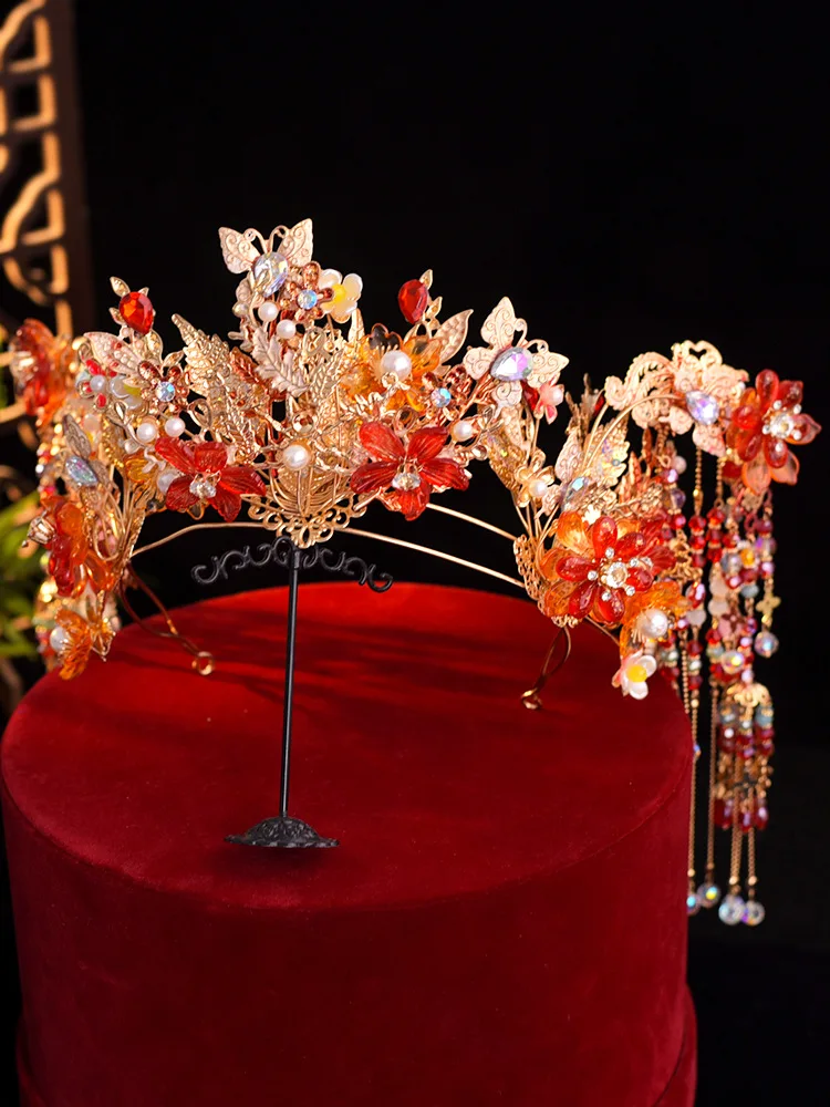 Tranditional Bride Crown Hair Comb Hairpins Chinese Style Wedding Xiuhe Headdress Ancient Hanfu Hair Accessory Floral Headbands