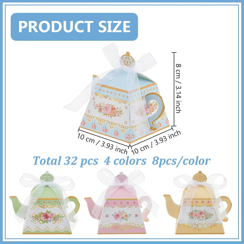 32 Sets 4 Colors Teapot Boxes Flower Tea Party Favor Gift Boxes Vintage Floral Teapot Paper Box with Ribbon Best Wishes Bag