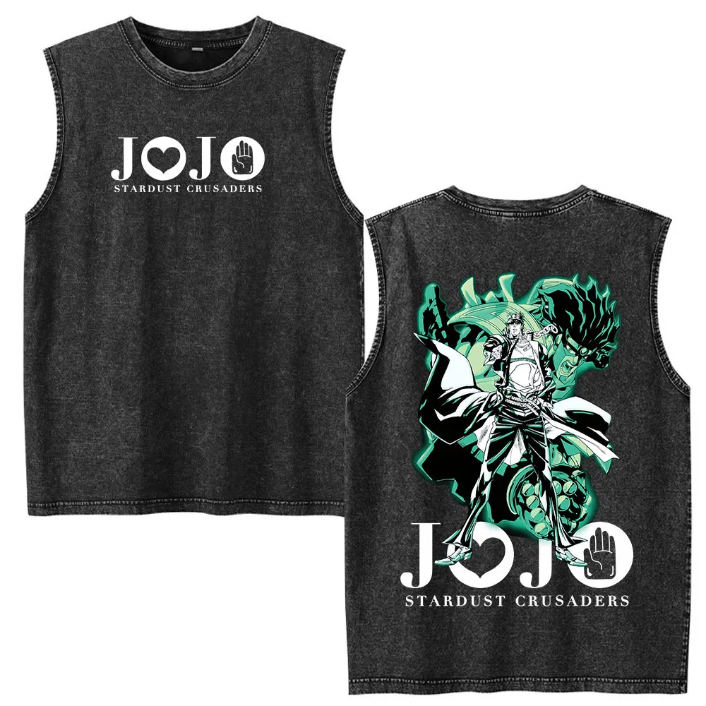 Anime JoJo Bizarre Adventure Kujo Jotaro Vintage Washed Tank Tops Tees Men Women Clothing Fashion Retro Sleeveless Vest T-shirts view 3