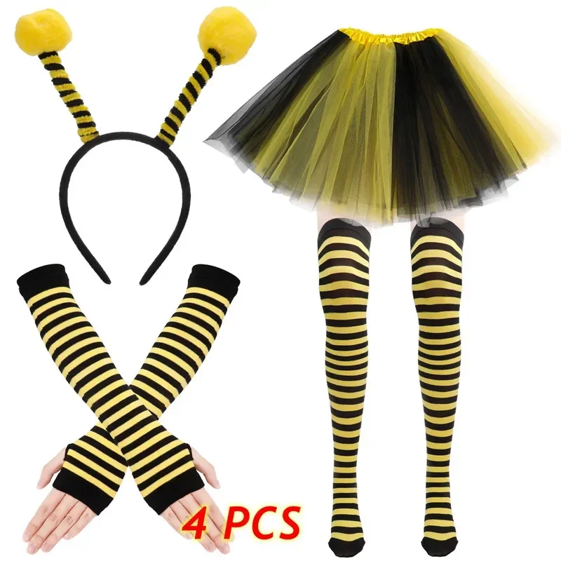 

Женский и детский костюм желтой медоносной пчелы, комплект с антенной, повязка на голову, юбка-пачка, полосатые гольфы, перчатки для косплея, танцевальной сцены, 4 шт.