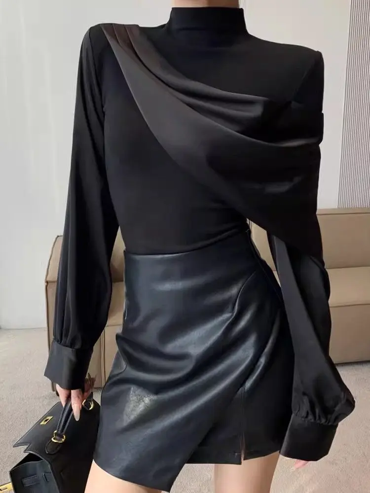 

French Retro Fake Two-piece Spliced High-neck Long-sleeved Shirt for Women Spring New High-end Temperament Top