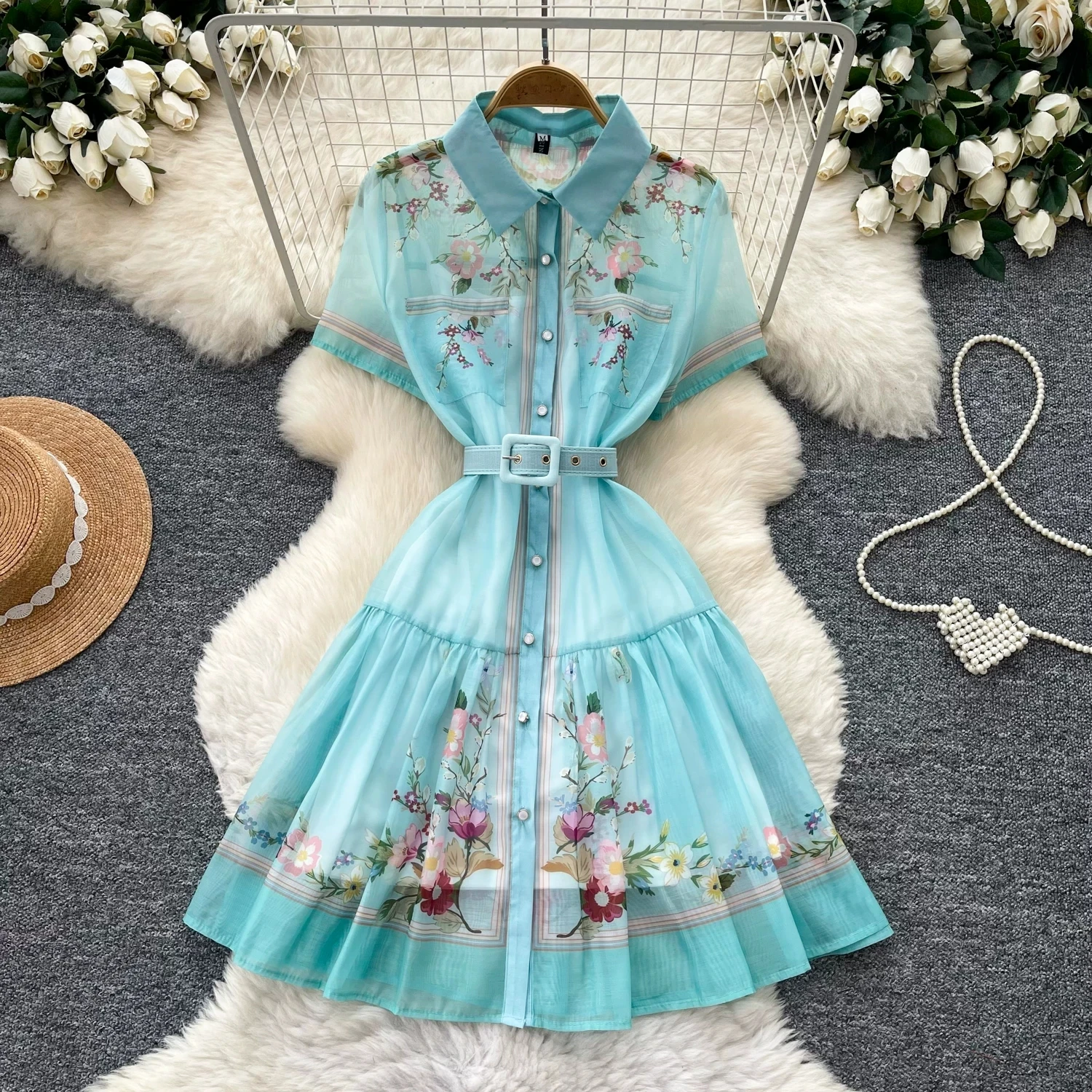 

Women Floral Print Shirt Dress Summer Lapel Short Sleeve Single Breasted Belt High Waist A Line Holiday Casual Mini Dress