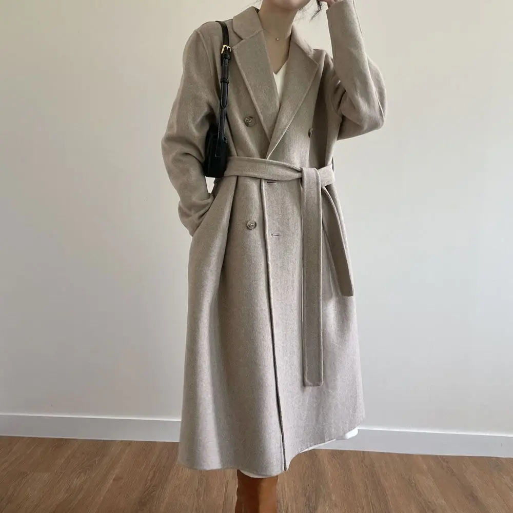 

Women's Long Wool Blended and Pea Coat, Jacket with Belt, Double Breasted, Slim Overcoat, Korean Clothes, Fall, Winter, 2023