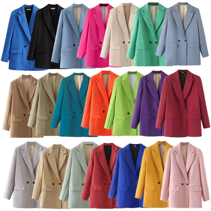 New Women's Double-Breasted Casual Suit Jacket 12 Colors Straight Cut Polyester Long Sleeve Pure Color Fashion Autumn Wear