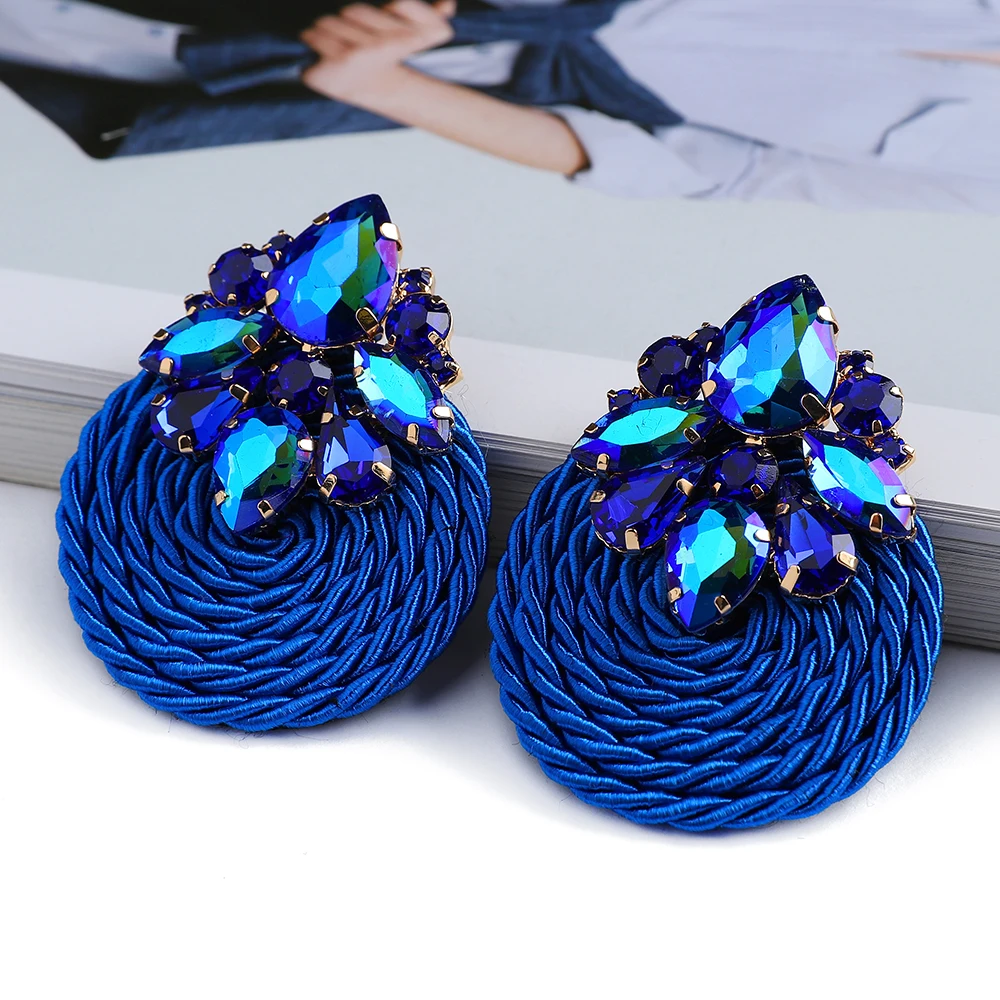 Fashion Cotton Rope Weave Round Luxury Big Stud Earrings Trend Geometric Crystal Vintage Ear Accessories Cottagecore Jewelry
