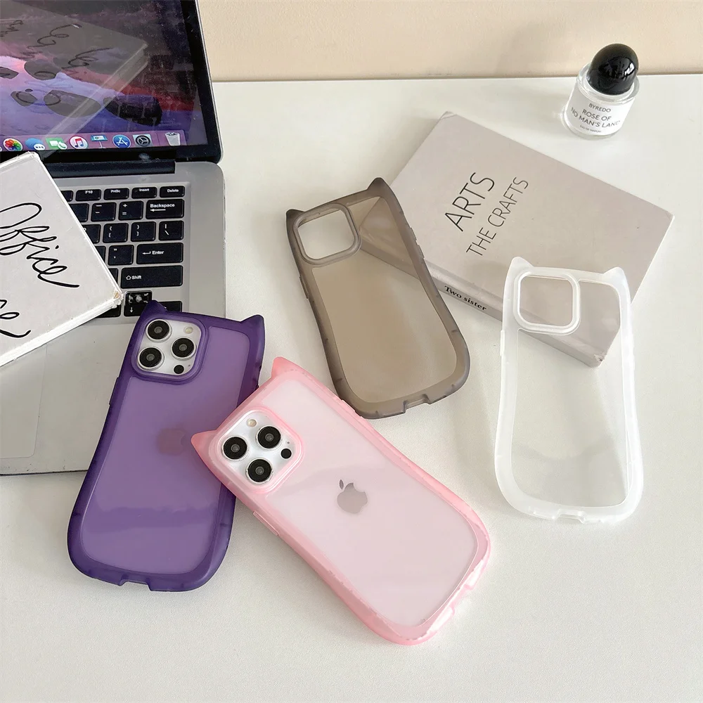 Korean Cute Cat Ear Clear Soft Case For iPhone 15 14 Plus 13 12 11 Pro Max Matte Transparent Protective Shockproof Silicon Cover