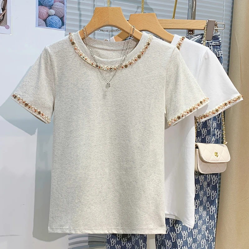 2026 Damen T-Shirts Kurzarm-Shirts Lässige Neue Weiße Oberteile Damen-T-Shirt mit Stickerei Modische Baumwoll-Shirts für Damen
