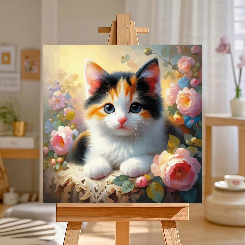 Huacan DIY Malen nach Zahlen, Katze, Blume, Malen nach Zahlen, Kätzchen, digitales Ölgemälde, Tierzeichnung auf Leinwand, einzigartiges Geschenk
