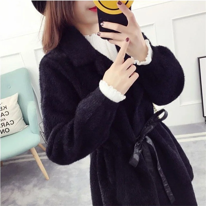 2023 Celebrity Female Autumn New Belt Imitation Mink Fur Coat Women Temperament Long Knitted Cardigan Winter Mink Fur Jacket WCH