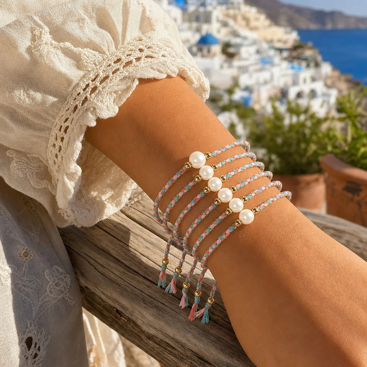 6pcs Boho Braided Multicolor Cotton Cord String Bracelet with Round Bead and Copper Beads Tie Closure for Women Boho Beach Style